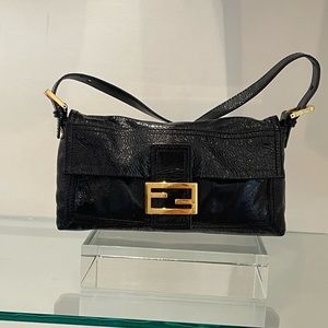 Fendi black patent leather small Baguette.